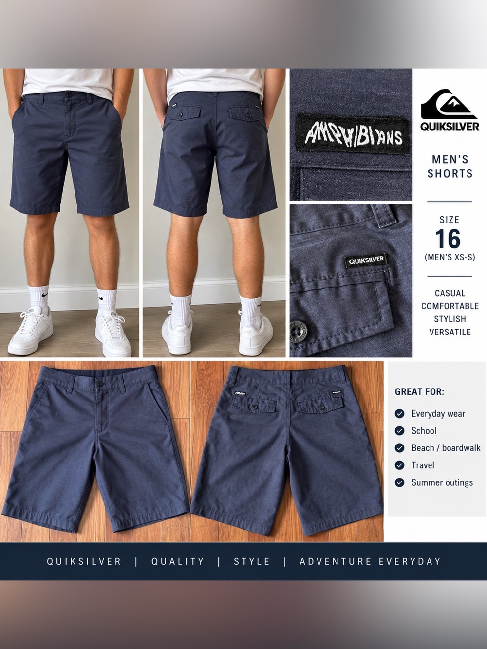 Quiksilver Men's Dark Navy Flat Front Chino Shorts